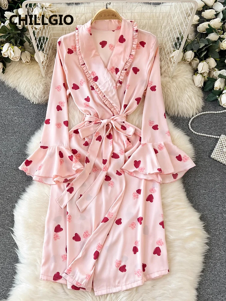 

CHILLGIO Women Heart Print Ruffled Pajamas Dress Fashion Korean Nightgowns Vintage Sweet V Neck Long Flare Sleeve Satin Vestidos