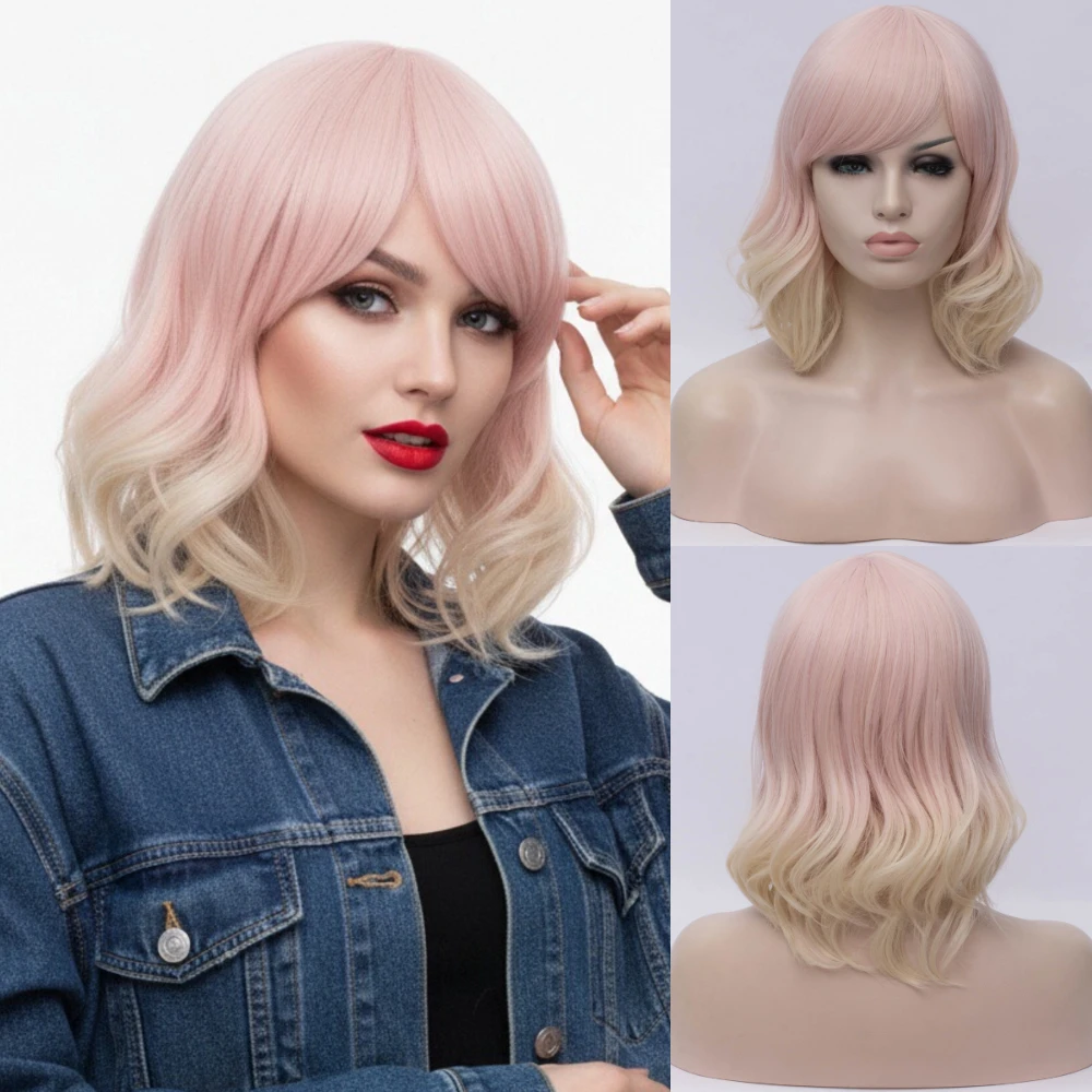 

Layered Short Wavy Wig for Women Pink Ombre Blonde With Side Bang Fluffy Heat Resistant Synthetic Wig Party Cosplay Daily