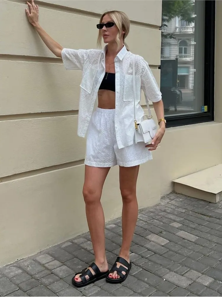 

Trendy Summer Shorts Two Piece Set Women Fashion Lace Hollow Out Short Sleeves Shirt Short Pants Sets Female Summer 2 Piece Suit