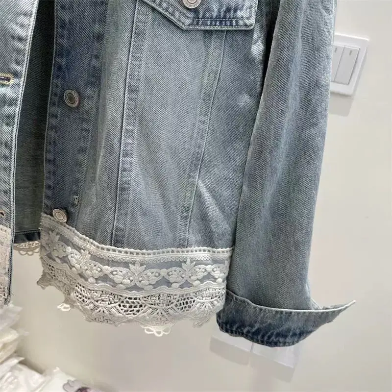 Denim jacket women's lace splicing top 2025 spring new design sense small short jacket top trendy