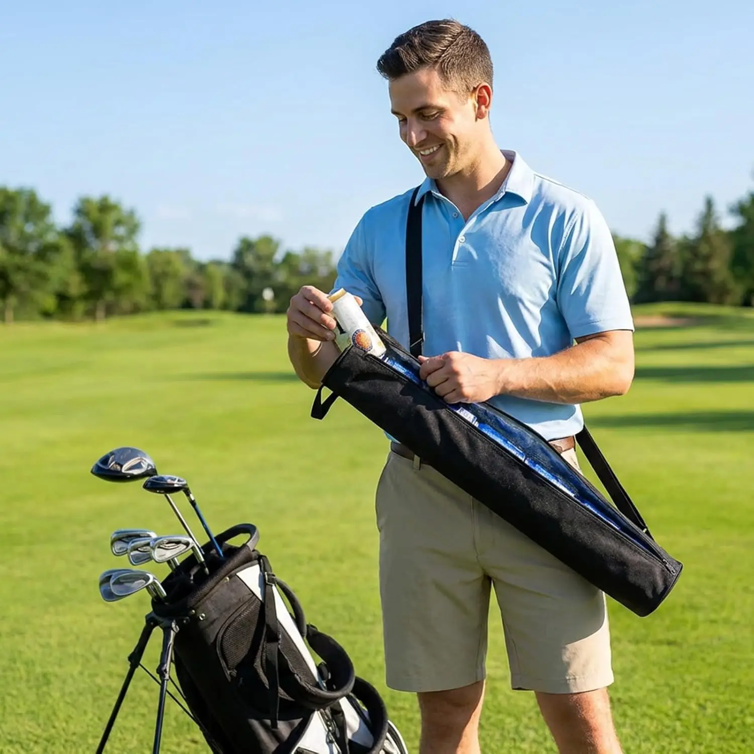 Golf Beer Cooler Set—7-can insulated cooler with adjustable shoulder strap and leak-proof beverage storage compartment;
