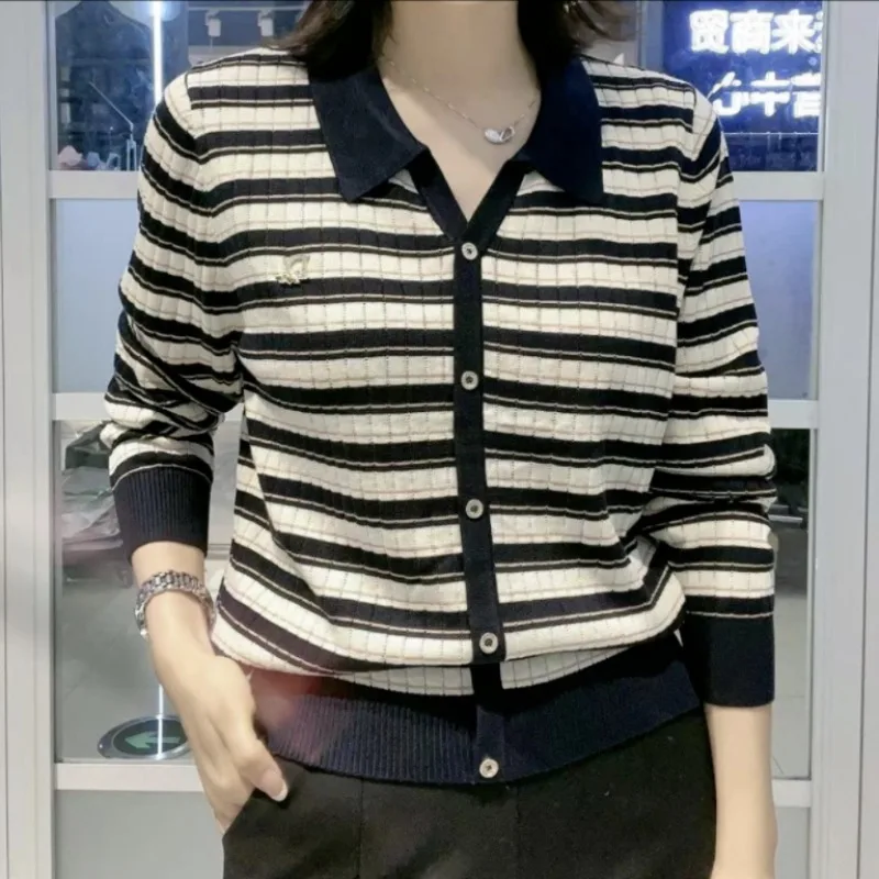 Polo Collar Striped Sweater for Women's Color-blocking Base New Loose Pullovers Top JJ175