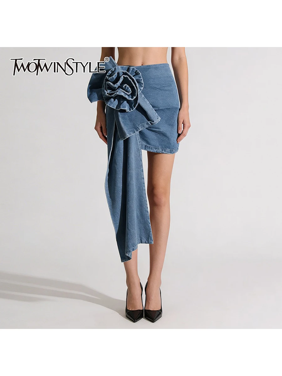 TWOTWINSTYLE Fashion Slimming Spliced 3D Flower Irregular Skirts for Women High Waist Patchwork Ribbon Cowboy Skirt Female New