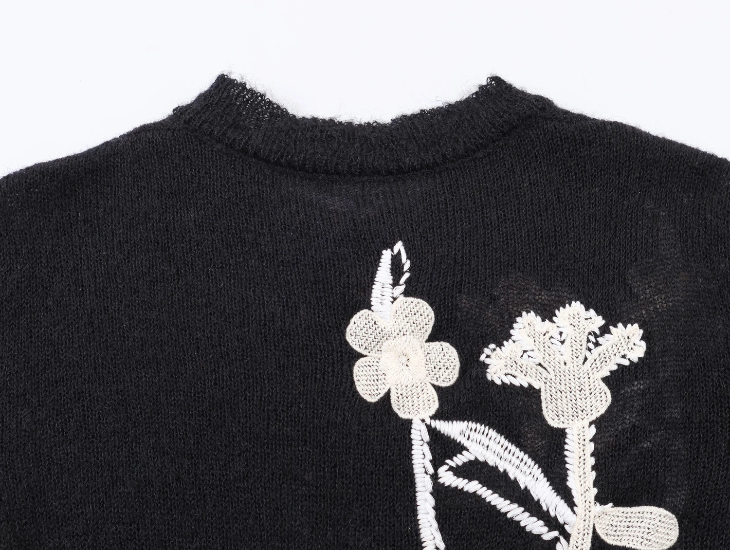 DEEABAE Flower embroidery round neck long sleeved contrasting short knitted jacket for spring women's cardigan