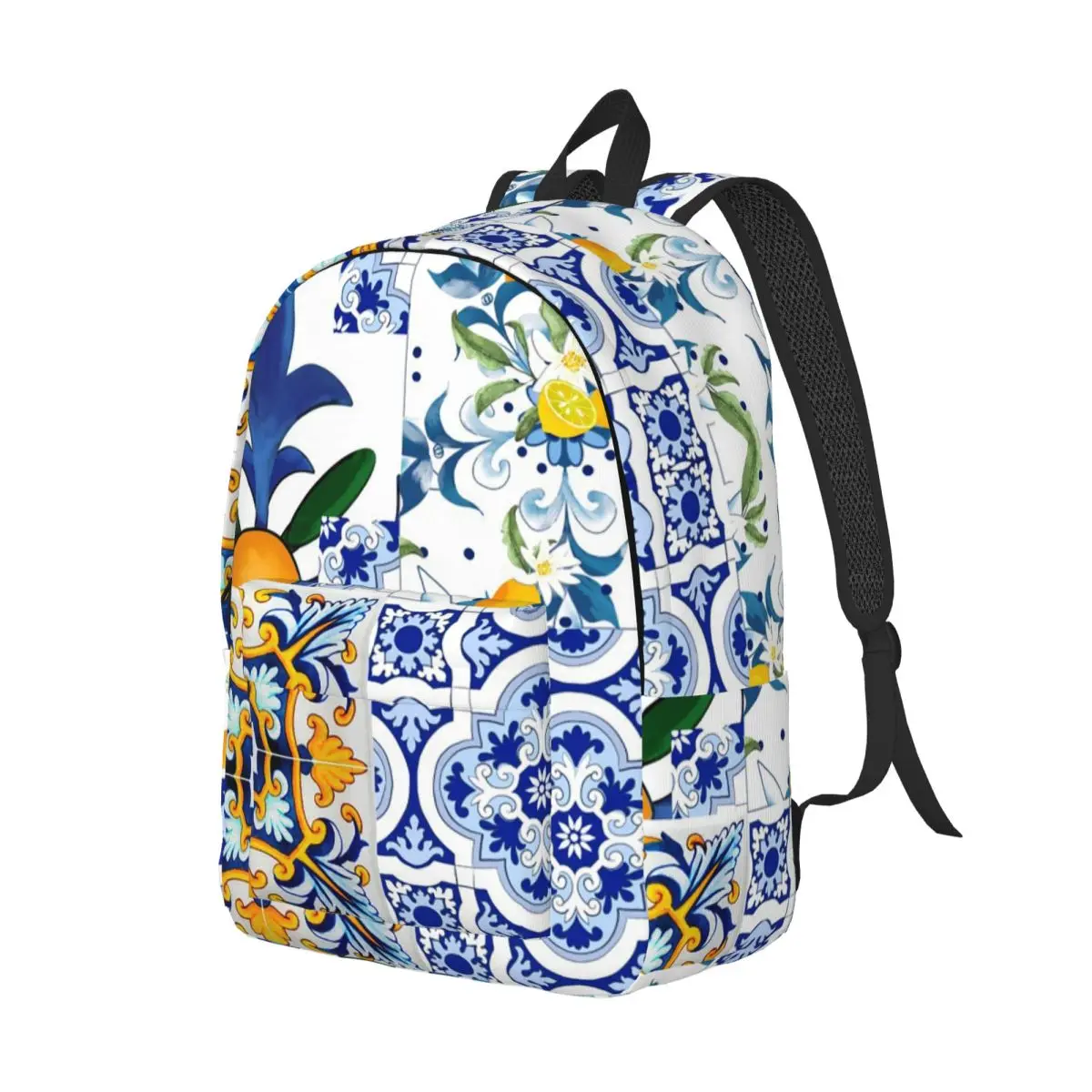Majolica,Lemons,Sicilian Tiles,citrus,flowers,tiles,summer , Backpack Daypack BookBag School Bag Shoulder Bags for Men Women