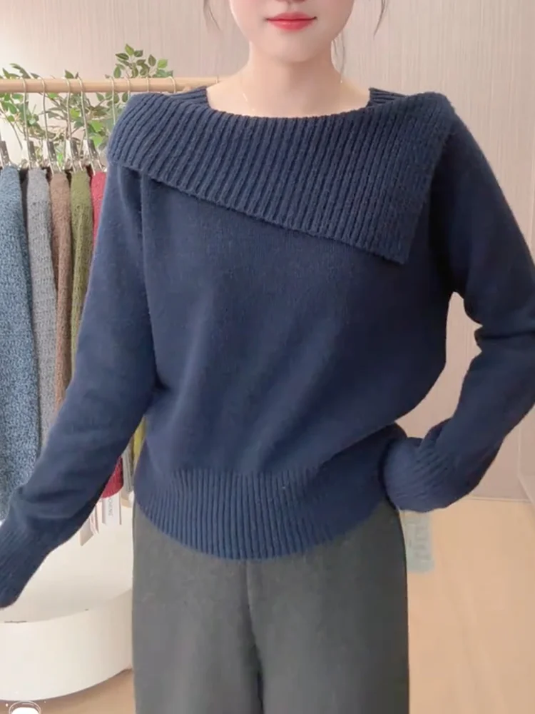 

Корейский дизайнерский вязаный свитер на одно плечо, элегантный, больших размеров, стройнящий топ, осенняя новинка, с длинным рукавом