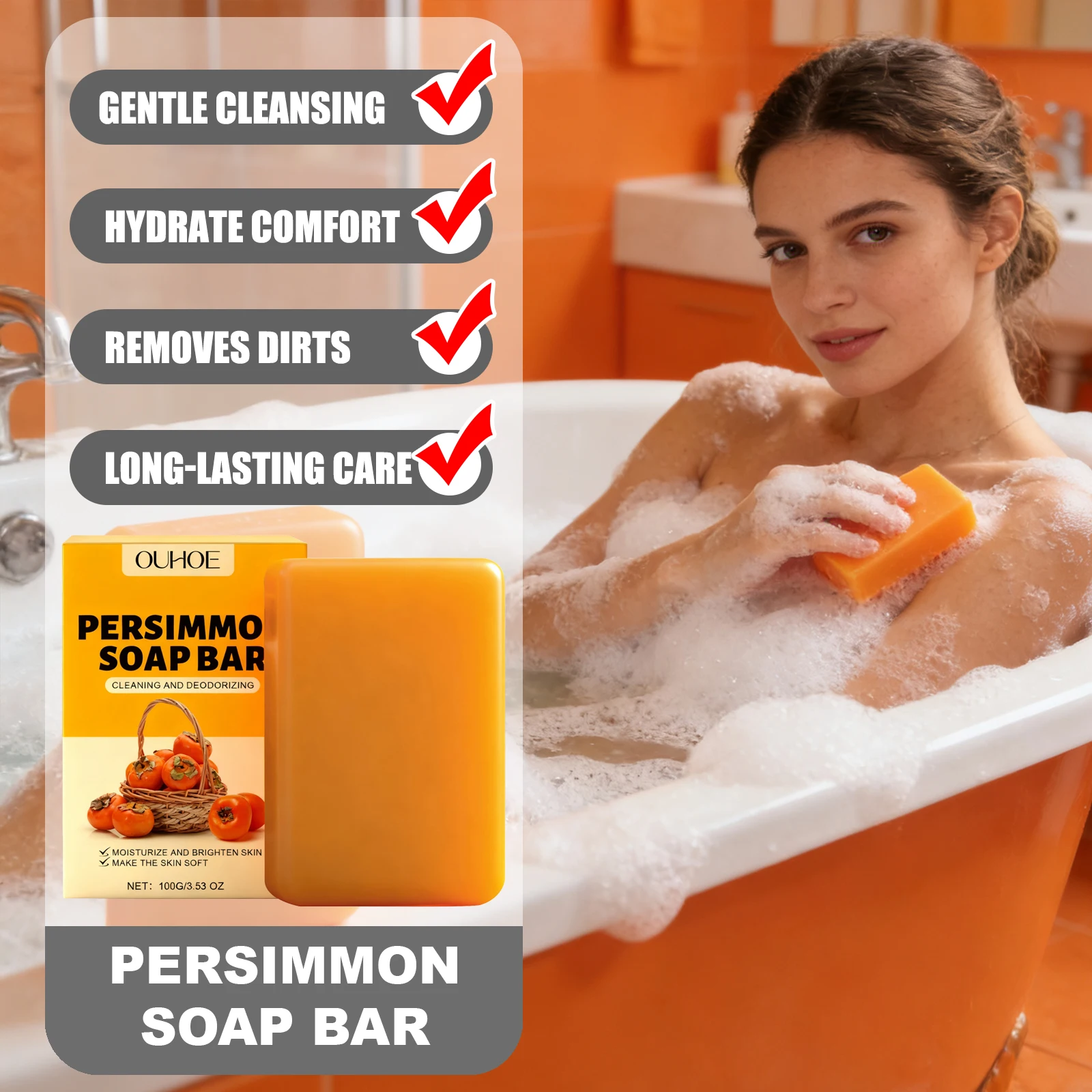 

OUHOE Persimmon Soap Bar Sweet Fruity Scent Strengthen Skin Barrier Protection Maintain Healthy Removes Surface Dirt