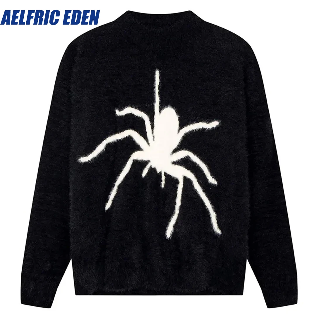 

Aelfric Eden Fluffy Mohair Sweater Y2K Hip Hop Harajuku Retro Knitted Spider Jumpers Harajuku Men Punk Fuzzy Pullover Knitwear