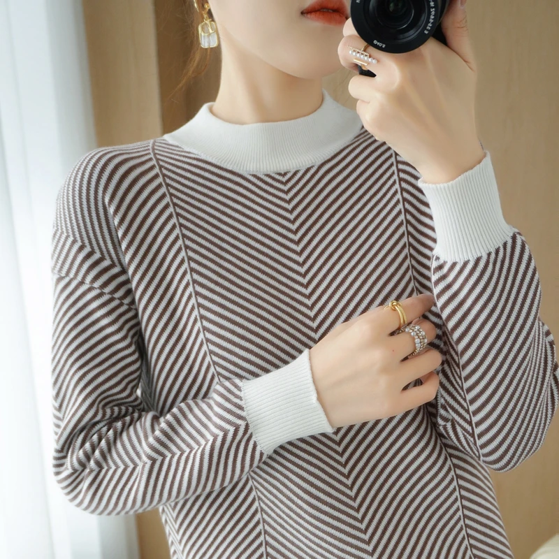 Pure Cotton Sweater Women\'s Spring Autumn New Half High neck Knitted Pullover Loose and Thin Fashion Striped Color Matching Top