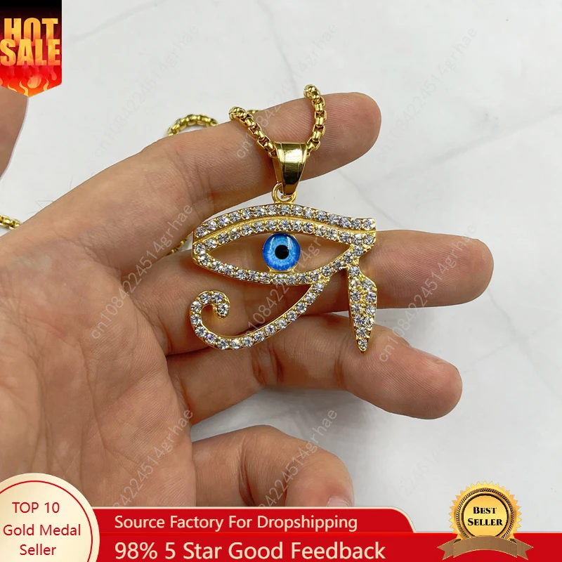 

Gold color blue Eye Of Horus Pendant with zircon Men Women Jewelry Hip hop Stainless steel Gold Color Pendant Necklace Chain