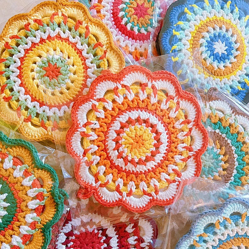 DIY Hand Crochet Cotton Hook Disc Pad 2pcs/Lot 14.5CM Colour Cup Mat Photo Props Vase Cushion Decorative Mat Home Furnishings