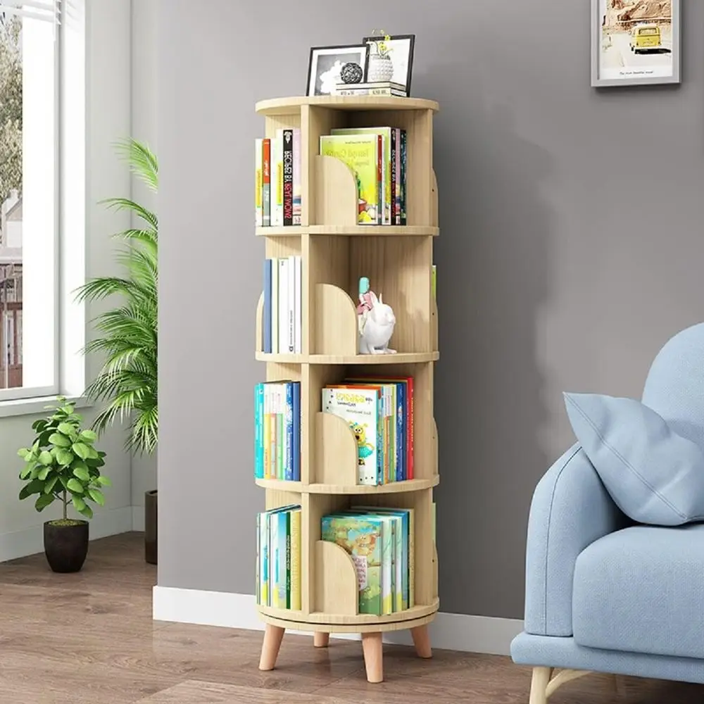 

4-Tier Rotating Wooden Bookshelf with Legs, Stackable and 360-Degree Display for Home Living Spaces