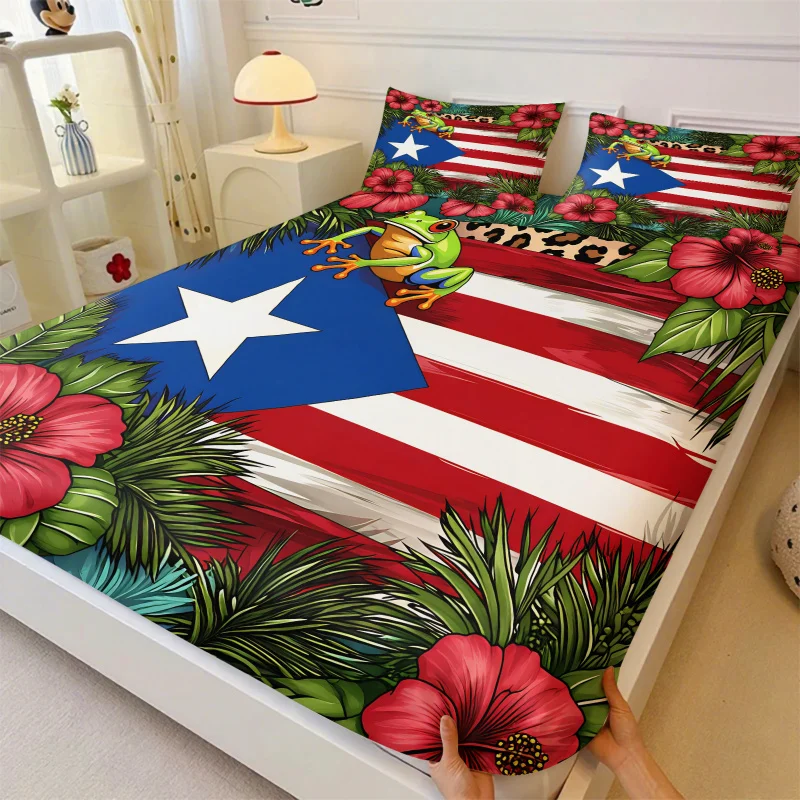 3PCS Puerto Rico Tropical Flag Coqui Frog Fitted Sheet Set Hibiscus Leopard Print Bed Sheet Pillowcase Soft Microfiber Bed Linen