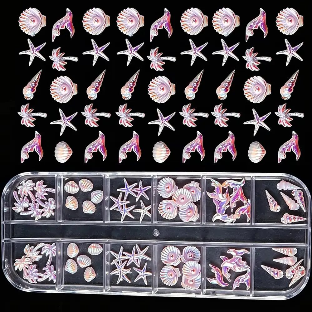 12Grids Aurora Ocean Shell Starfish Nail Charms Summer Coconut trees Conch Nail Art Rhinestones DIY Crafts Manicure Decoration