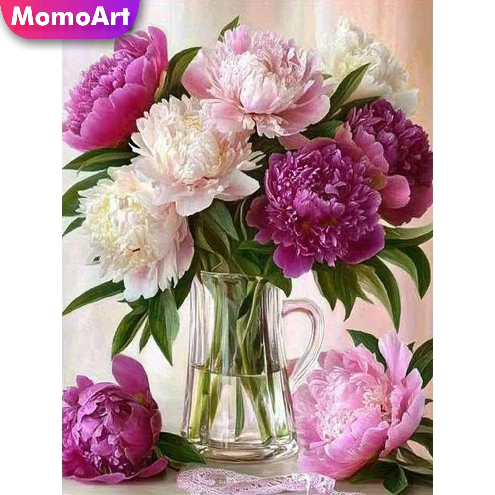 Momoart DIY Full Square Round Diamond Embroidery Peony Flower Mosaic New Arrival Kits Art Diamond Painting Vase Handicraft