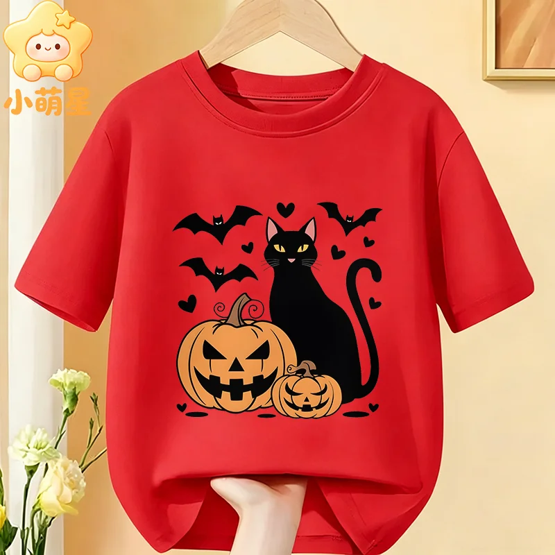 Horror Light‑Up Pumpkin Face Printed Children's T‑Shirt Halloween Spooky Cotton Short Sleeve Boys Girls Holiday Party Clothes
