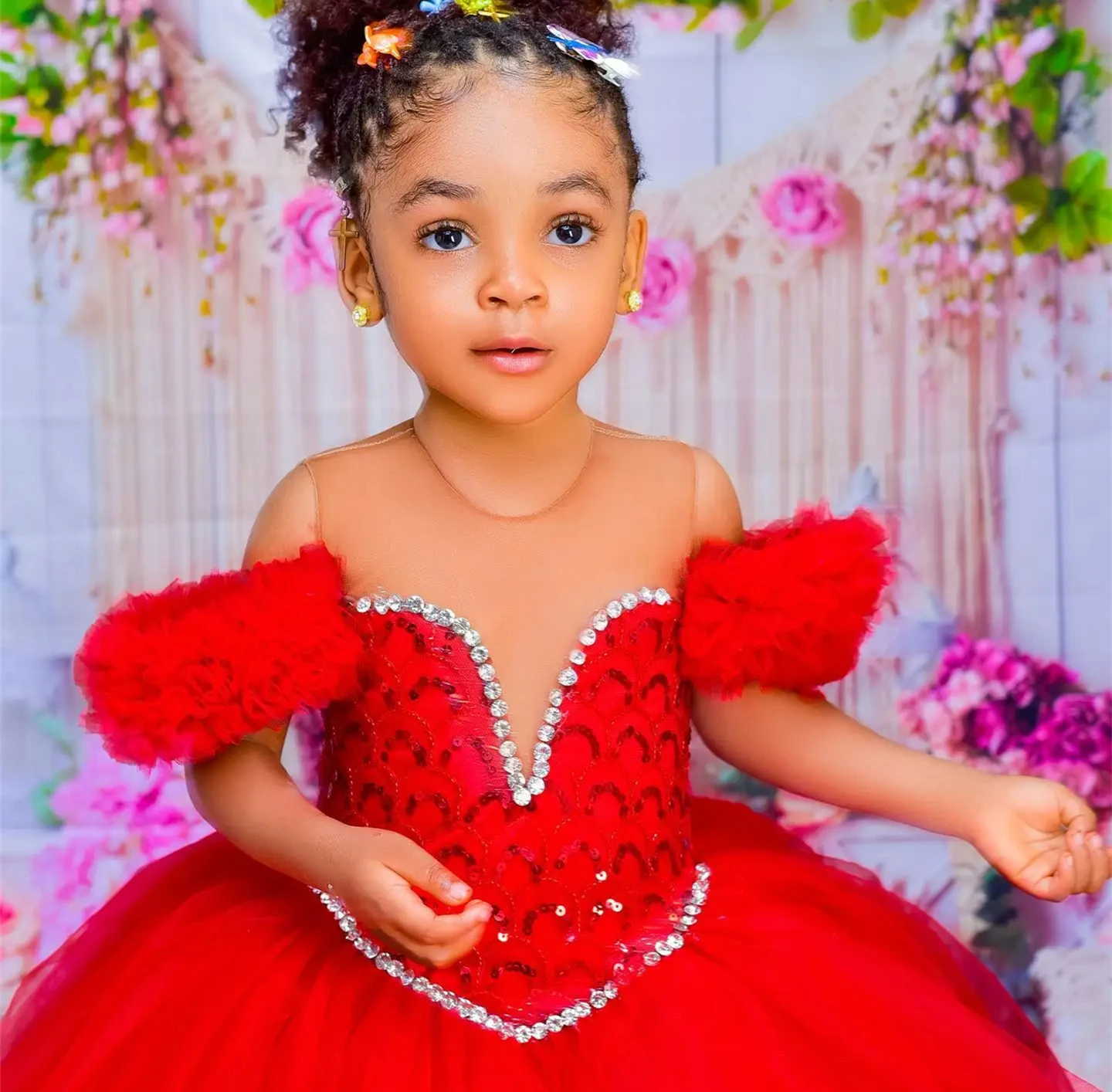 Customized Red Flower Girl Dress For Wedding Glitter Short Sleeve High Waist Floor Length Kids Birthday First Communion Gown