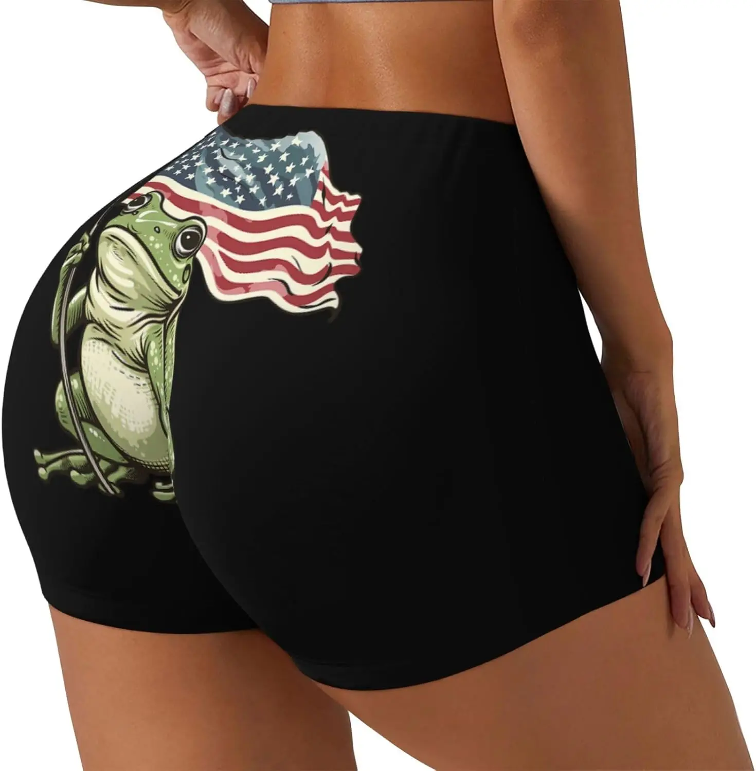 Frog Holding American Flag Women Workout Shorts High Waisted Booty Stretch Yoga Biker Running Athletic Shorts
