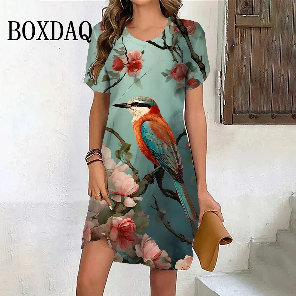 Sroka Flower Vintage Dress Women 3D Print Loose Short Sleeve Dress Summer Retro Pullover Ladies Casual Printed Sundress Clothes