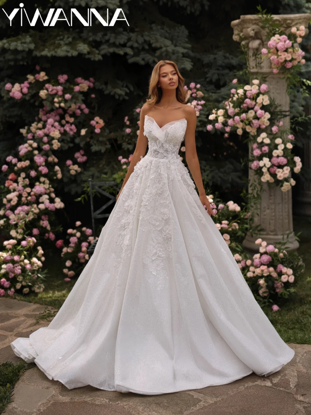 

Glitter Opulent 3D Floral Wedding Dress Glamorous Sleeveless Long Bridal Gown 2026 Customized Strapless Dresses For Bride