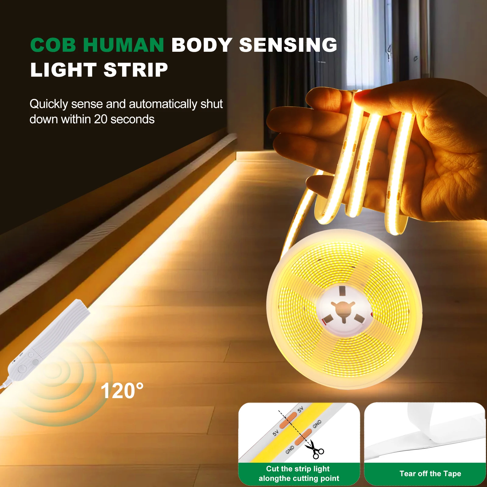 Motion Sensor COB Strip Green/White/Ice Blue/Pink/Yellow/Pink 3MM 5MM 8MM Battery Powered Flexible Ribbon Rope LED Cabinet Light