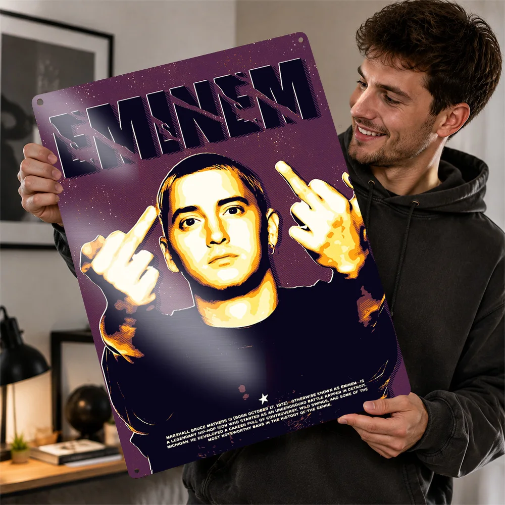 Eminem Portrait With Middle Fingers Metal Poster Perfect Gift for Fans Lovers Customized Wall Art Metal Sign for Room Decor Home