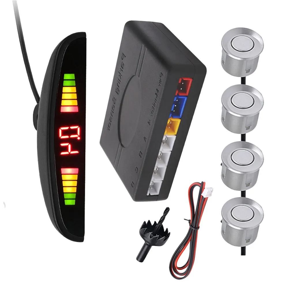 1Set Reversing Radar 4 Probe LED Back Up Sensor Parking Warning System Car Parking Sensors Universal Silver Monitor System