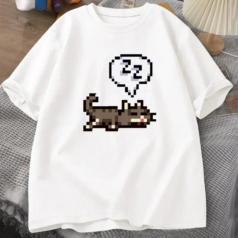 Cute Cartoon Pixel Cat Graphic T-shirt Women Harajuku Funny Loose Casual O-neck Short Sleeve T Shirt Female Unisex Clothes Tops