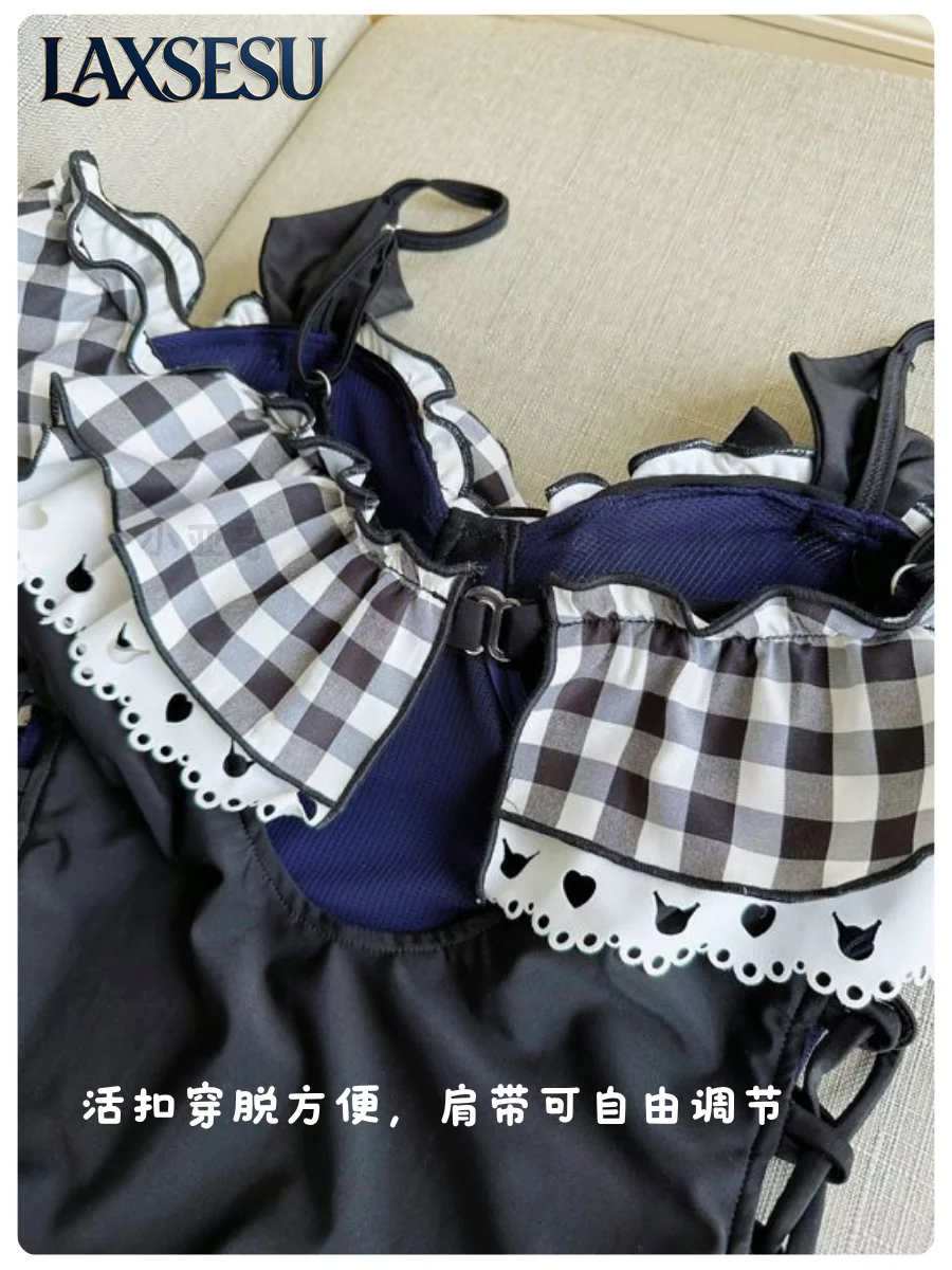 New Summer Japanese Kawaii Bikinis Set Black and White Lace Edge One-piece Swimsuit Y2K Girls' Swimwears Set for Women view 4