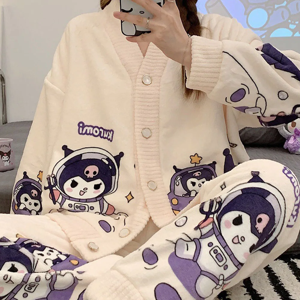 Ku-Romi Women Cardigan Plush Pajamas Set Kawaii Mellody Big Eared Dog Anime Female Home Clothes Winter Sweet Thicken Nightwear