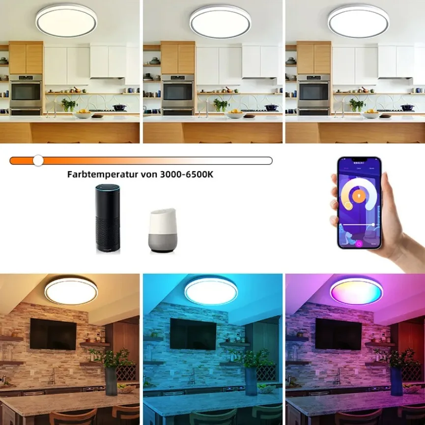 Smart Tuya App Luz de teto LED, Wi-Fi, Bluetooth, RGB, CW, Alexa, Google Voice Controlled, Quarto, Sala de estar, Decorativo