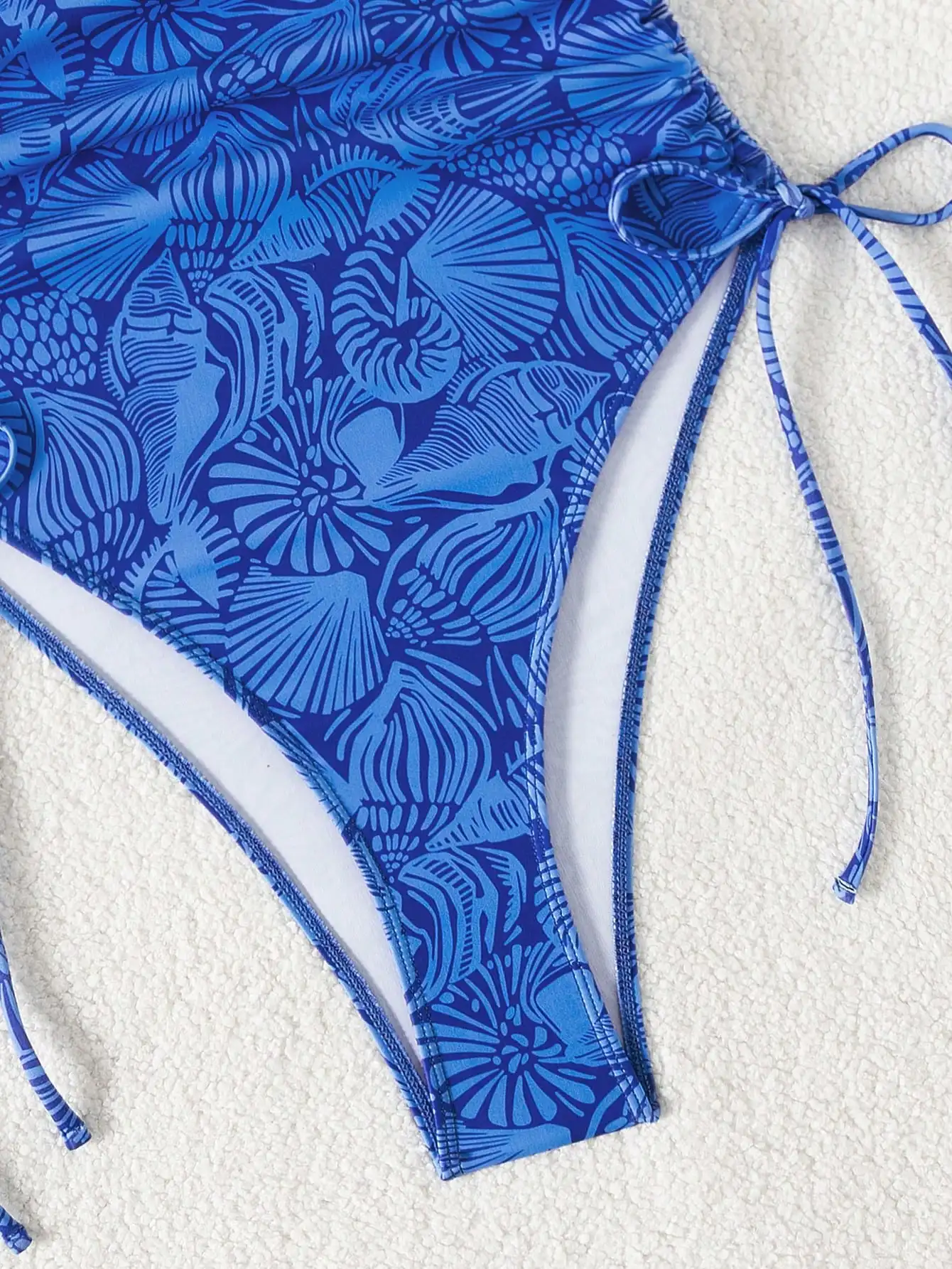 

Blue Floral Print Spaghetti Strap Drawstring Side One Piece Swimsuit Beach Vacation Swimwear