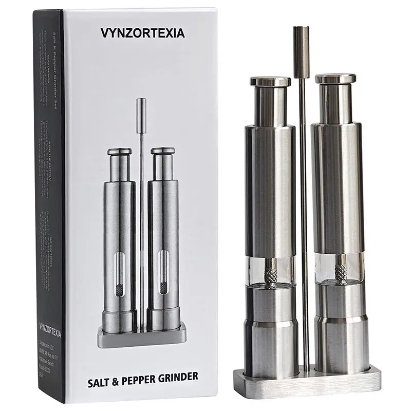 

Stainless Steel Salt and Pepper Grinder With Bracket Sets,Thumb Push Button for Hand Operation Grinder Sea Salt Spices Shaker