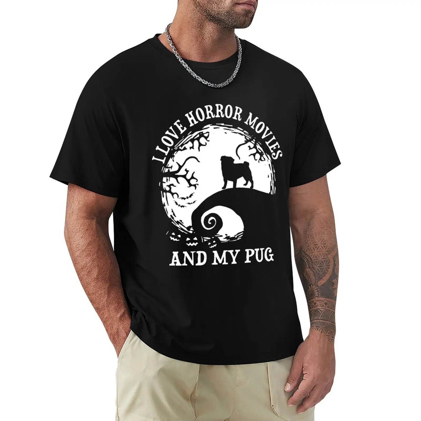

I Love Horror Movies And My Pug, Funny Pug Dog T-shirt animal prinfor boys vintage customizeds Men's clothing