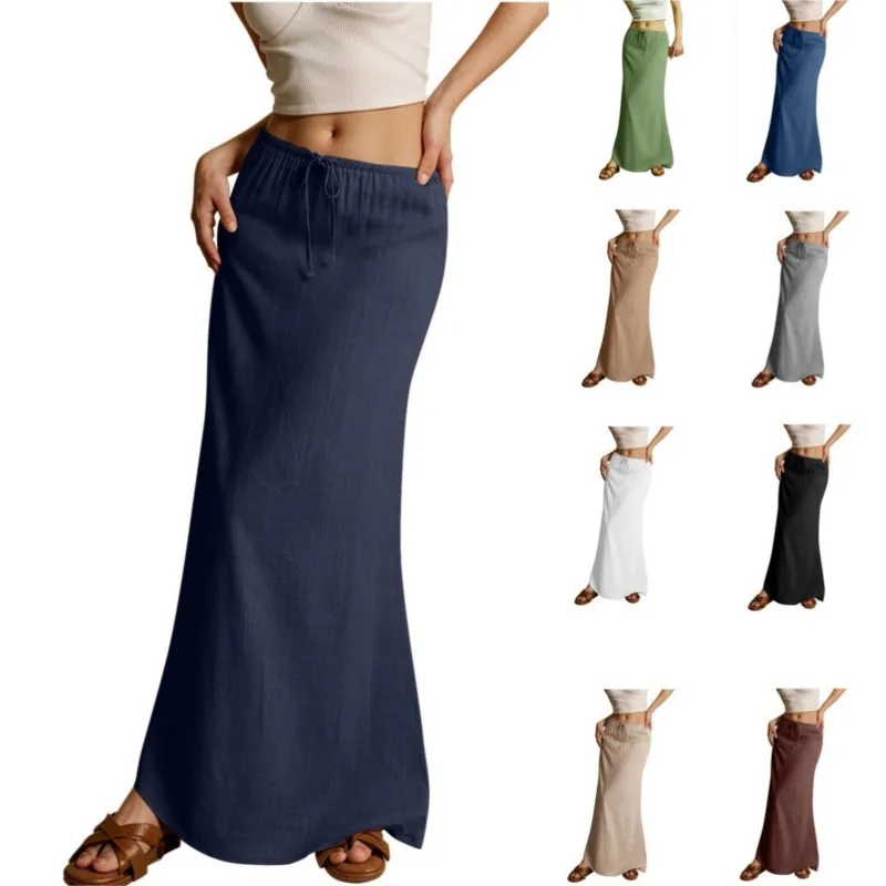 

Summer Vacation Women's Summer Maxi Skirt Drawstring Low Waist A Line Casual Skirts Bodycon Long Skirt Beach clothing etekler