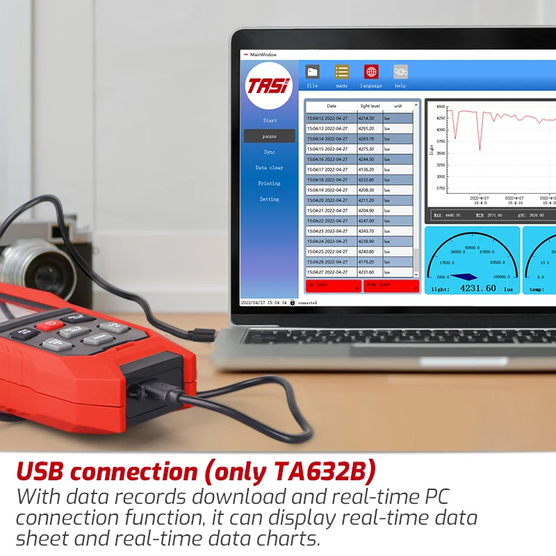 TASI TA632A TA632B  CE RoHs Handheld USB Light Meter With Flexible Probe 200000 Lux Digital Lux Meter