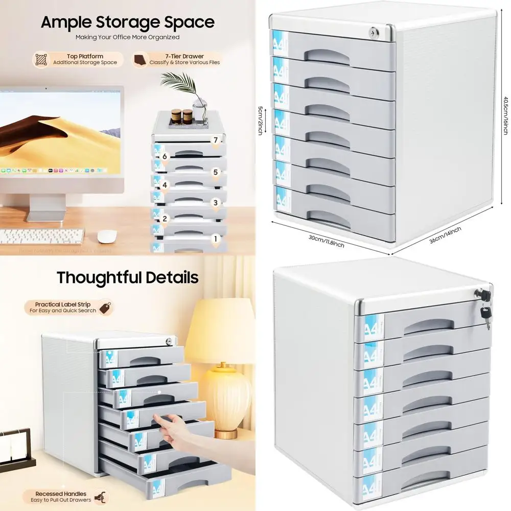 

7-Section Labeled Drawer Organizer, A4 Lockable Aluminum File Cabinet for Office Supplies