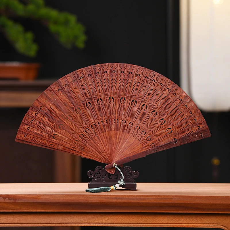 

Sandalwood Rosewood Green Sandalwood Su Fan Chinese Style Folding Fan Hollow-carved Sandalwood Fan Literary Gift Fan