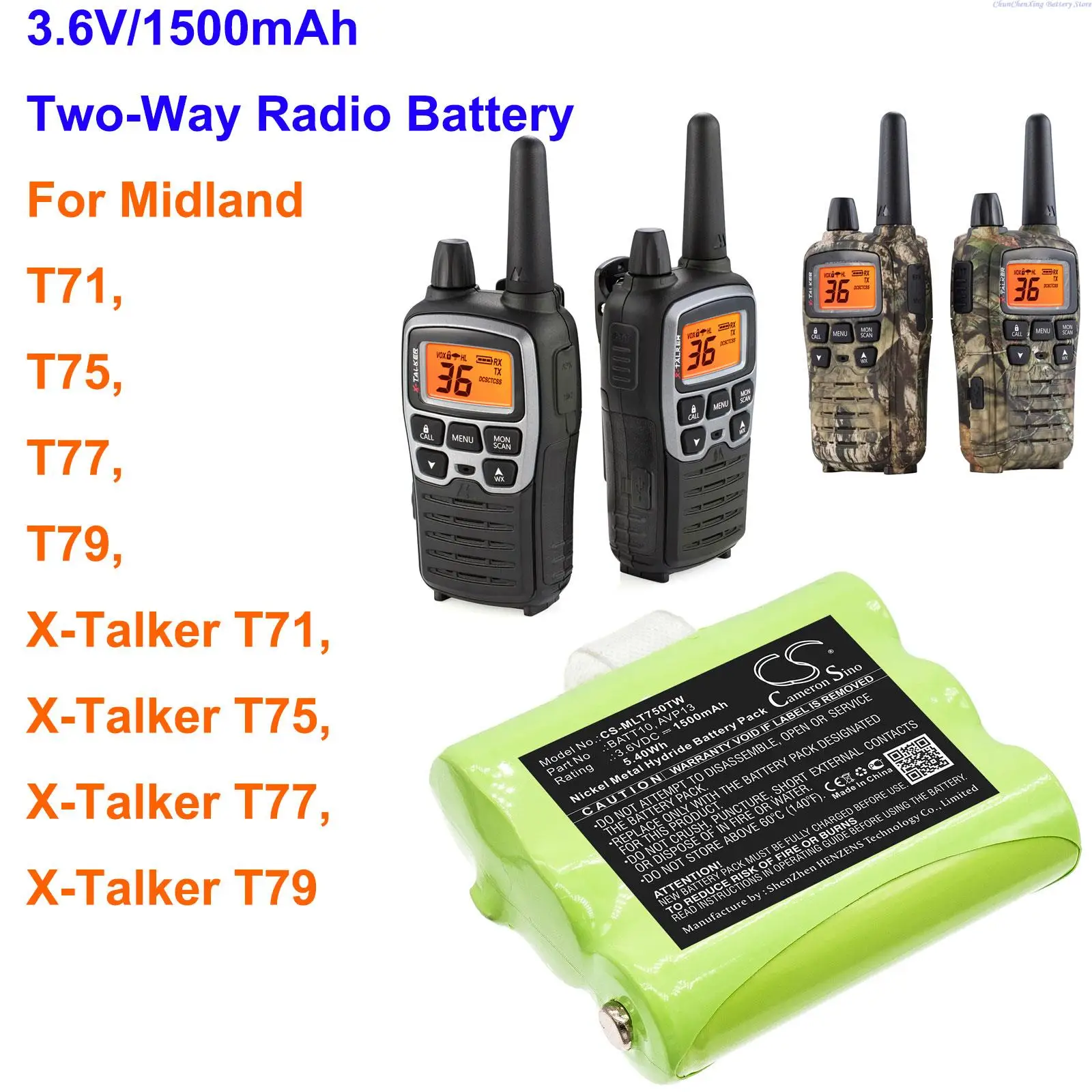 Cameron Sino 1500mAh Two-Way Radio Battery BATT10, AVP13 for Midland X-Talker T71, X-Talker T75, X-Talker T77, X-Talker T79