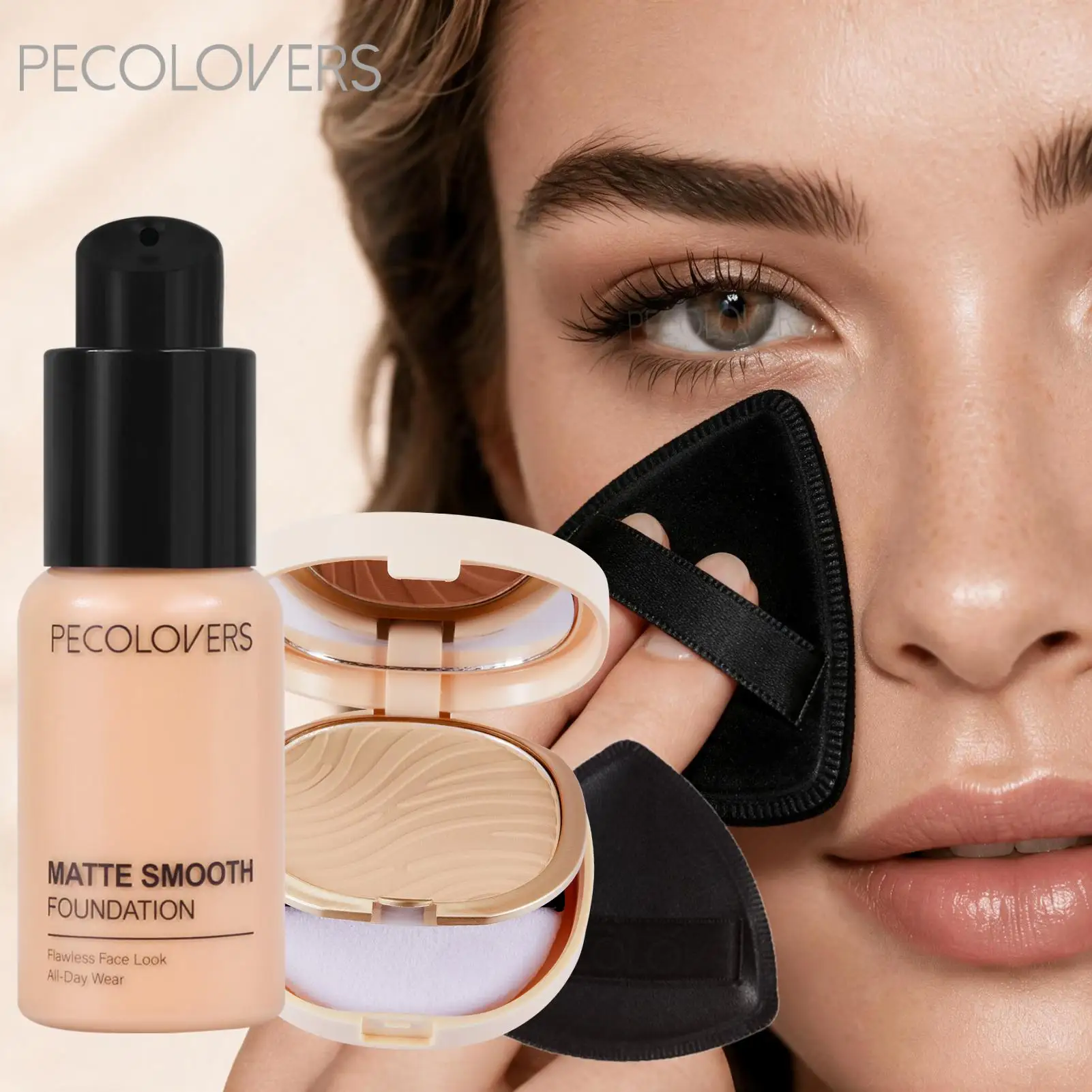 3pcs/Set Foundation Loose Powder Triangle Makeup Kit, Full Coverage Liquid Foundation, Waterproof Long-Lasting Base Makeup