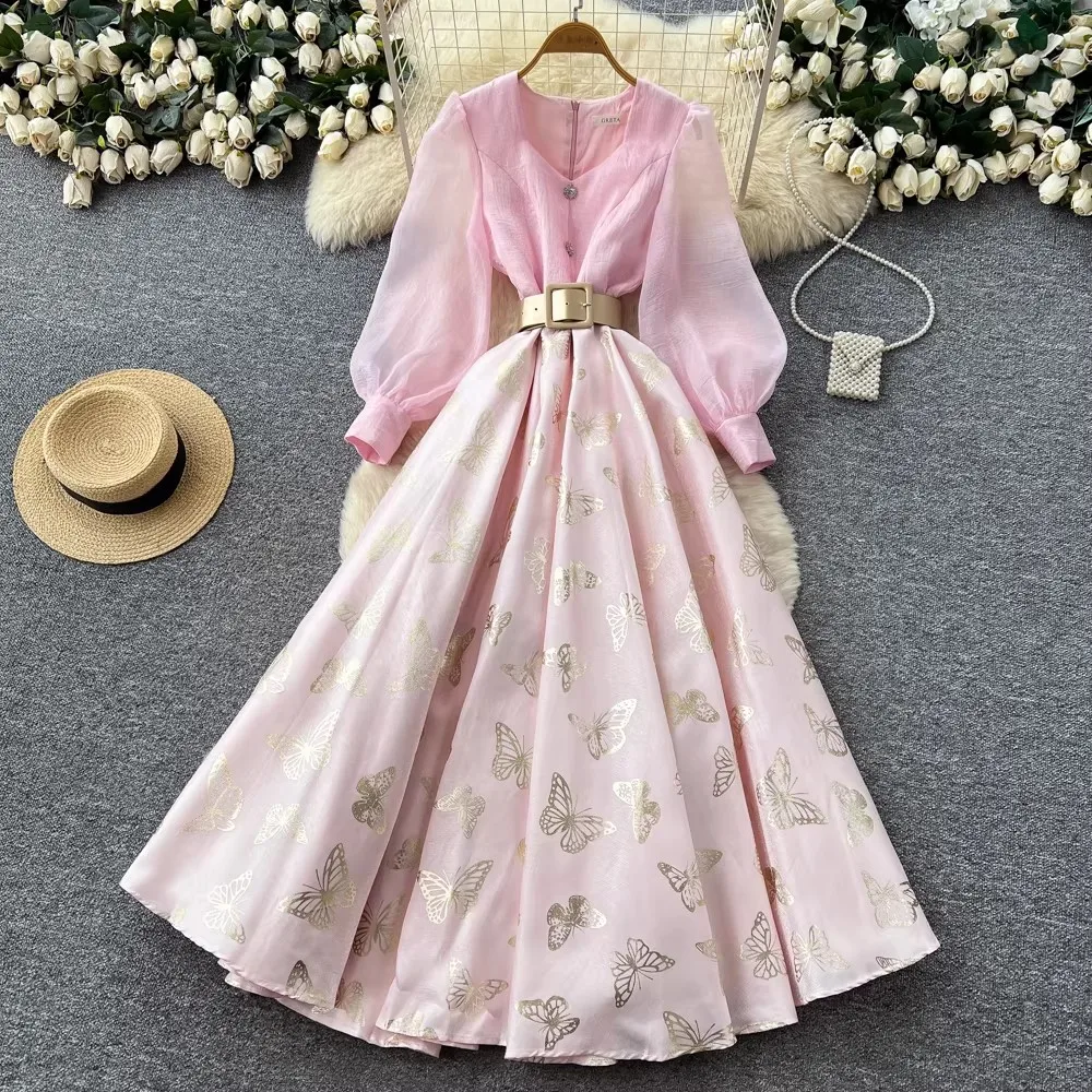 

2026 Spring Summer Sweet Ball Gown Women Dress French Lantern Sleeve Mesh Spliced Butterfly Gold Stamping Prom Party Vestidos