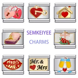 Colorful Lover Lock Married Engagement Wedding Charms Italian Links 9mm Bracelets Stainless Steel DIY Making Jewelry Anniversary