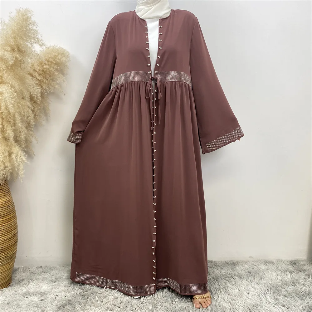 Dubai Turkey Pearl Button Fashion Elegant Diamond Solid Color Bbat Sleeve Robe Modest Khimar Hijab Abaya with Pockets Ramadan