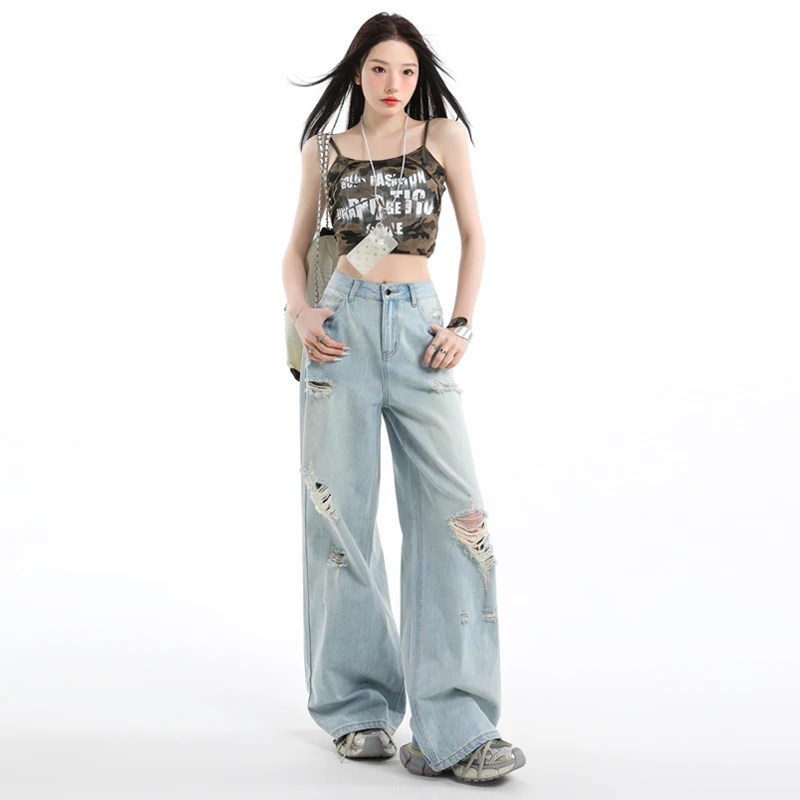 

2026Spring and summer new style ripped trendy wide-leg straight pants women's retro style jeans for hot girls