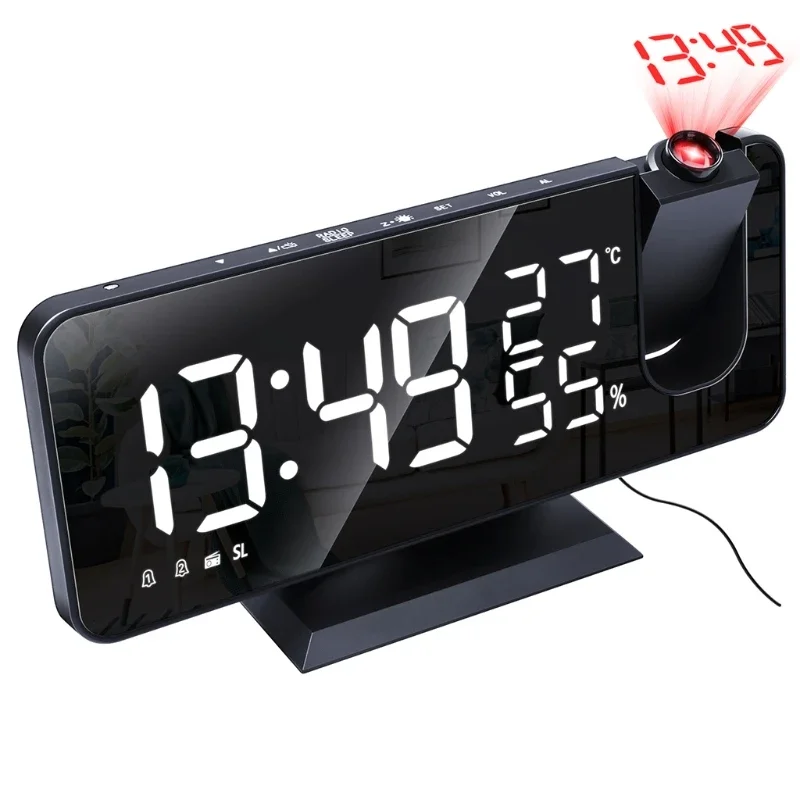 LED Digital Alarm Clock Table Watch Electronic Desktop Clocks FM Radio for Time Projector Snooze Alarm Temperature Humi