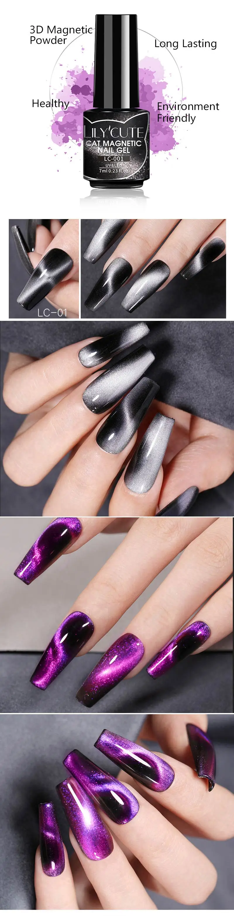 LILYCUTE 7 ml 9D Katze Magnetische Gel Nagellack Schillernden Magnet Semi Permanent Soak Off UV LED Maniküre Für Nail art Gel Lack – Detail 2
