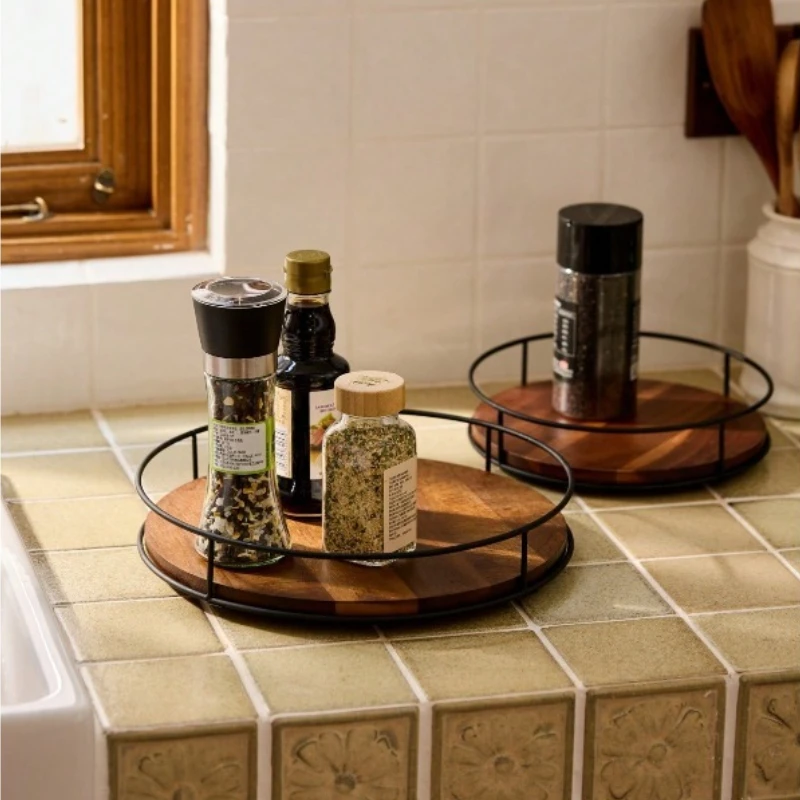 Wooden Rotating Storage Tray, 360° Spinning Organizer for Kitchen Cabinet & Desktop, Natural Wood Lazy Susan for Spices
