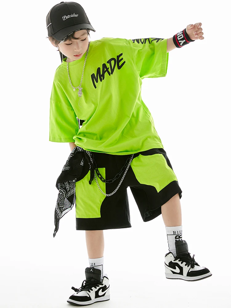 

Hiphop Jazz Dance Full Set 2pcs Boys Dancer Performance Stage Green Short Sleeved Tops Pants Street Hip Hop Dance Clothes Pants