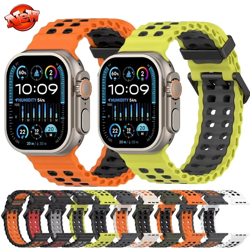 Ocean Silicone Sports Strap for Apple Watch Ultra2/3 49mm 11-10 46mm Comfortable Bracelet Wristband iWatch 9 8 7 6 5 SE 45/44mm