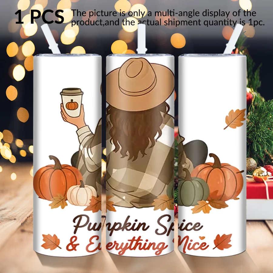 1pc 20Oz stainless steel straight cup with covered straw pumpkin girl element suitable for Christmas and Halloween as a gift.